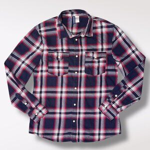H&M Divided Slim Fit Plaid Flannel Snap Shirt Blue Red White Medium